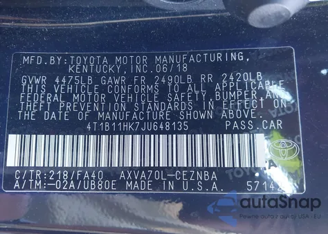 2018 Toyota Camry Le из США, поврежденный, VIN 4T1B11HK7JU648135